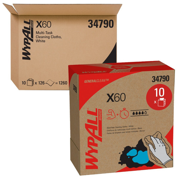 KCC34790CT Wypall X60 White Wipes, 8.34 x 16.8 in., Dispenser Box, 10 boxes/case