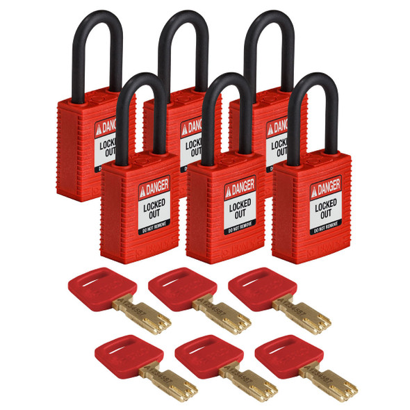 NYL-38PL-KD6PK Brady SafeKey Nylon Lockout Padlock with Plastic Shackle, Keyed Different, Multiple Color Options, 6/pack NYL-38PL-KD6PK Brady SafeKey Nylon Lockout Padlock with Plastic Shackle, Keyed Different, Multiple Color Options, 6/pack