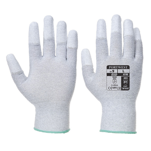   Portwest A198 Antistatic Polyurethane Fingertip Coated Glove, White/Gray, 12/pack