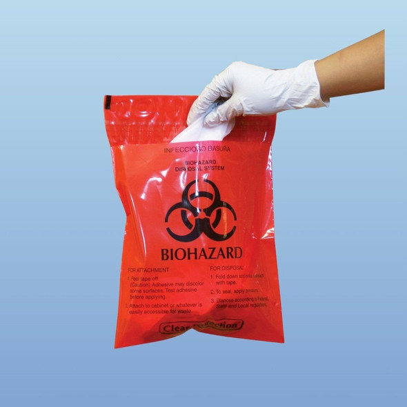 Red Stick-on Biohazard Infectious Waste Bags, 1.4 qt, 100/box