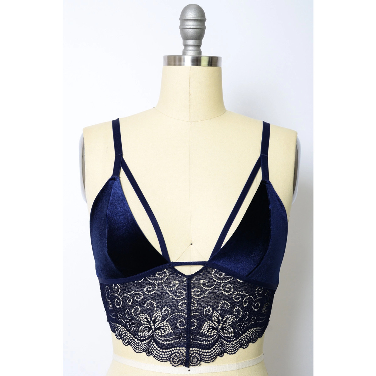 Lovely Velvet And Lace Bralette in Blue