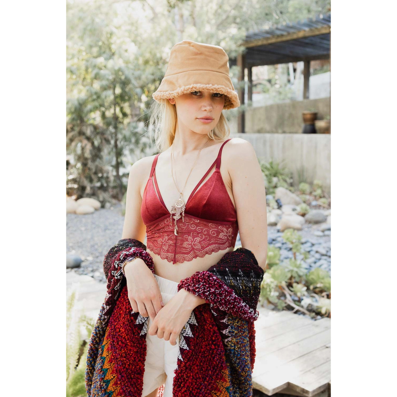 Lovely Velvet And Lace Bralette in Maroon