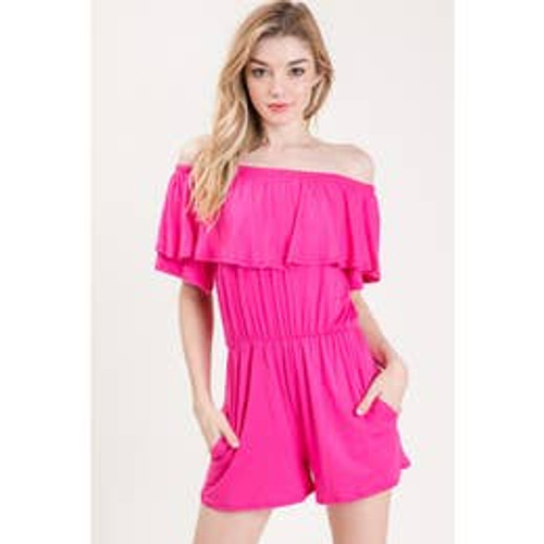 Ruffled Off My Shoulders Romper in Fuchsia