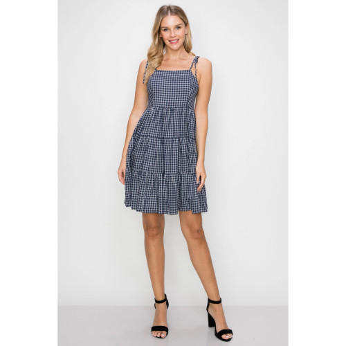 Tiered Gingham Print Tie Strap Dress with Smocked back