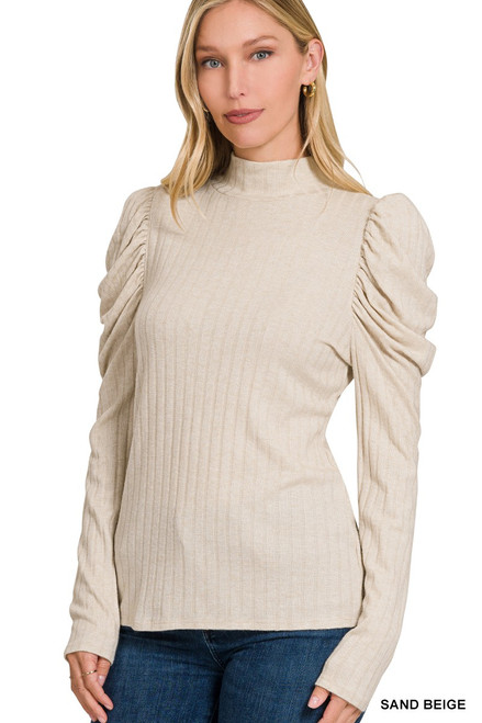 Ribbed Puff Sleeve Moch Neck Top