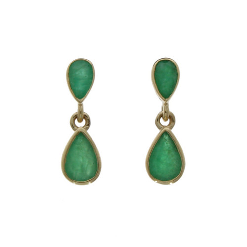 drop earrings, pear-shape, emerald, rub-over, 9ct yellow gold, 03-20-332
