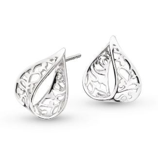 Kit Heath Silver flourish teardrop design drop earrings inspired by the Japanese blossom, rhodium plated, 40013RP