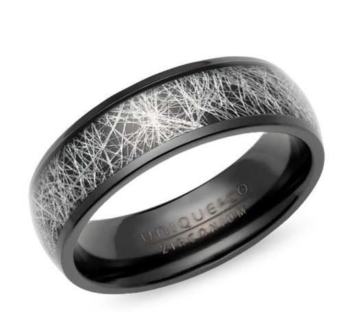 Unique & co., Men's, zirconium, wedding band, Black IP/Meteorite Paper Inlay 7mm Ring - ZR-6-66