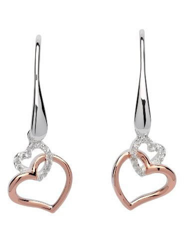 Unique and co, Sterling Silver, Rose Gold Plate, Double Heart interlocking, drop earrings - ME-612