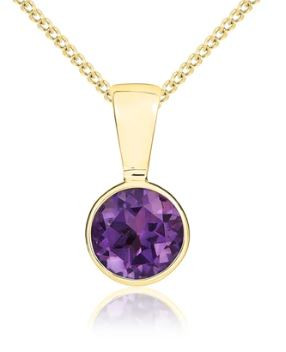 amethyst round pendant, 5mm, 9yellow gold, rub over setting, trace chain, everyday or special occasion, wedding jewellery. 12-53-026