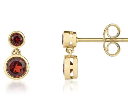 Harrisons jewellers, tradtional jewellery, classic, 9ct yellow gold, double round drop garnet stud earrings - 03-20-374