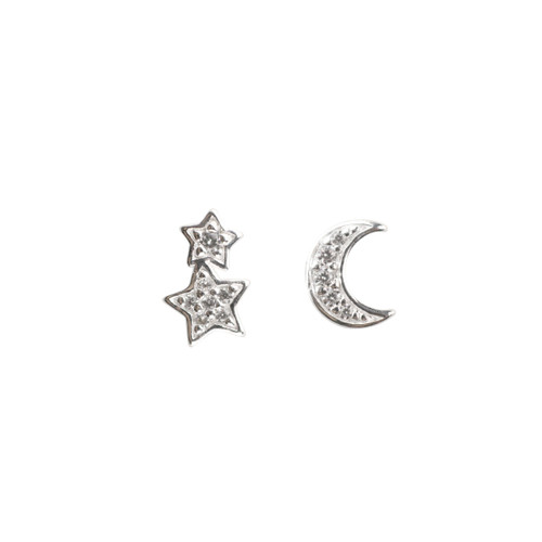 silver, earrings, studs, ladies earrings, gift, star, moon, cubic zirconia, Harrisons jewellers, own line collection, 3429CZ
