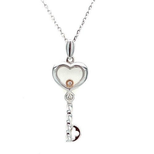9ct white gold, diamond, heart, key, pendant, floating diamond, twisted, 18inch chain - DP516w