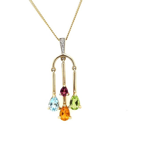 harrisons, 9ct yellow gold, diamond, amethyst, blue topaz, peridot, pendant, elegant,  18inch chain, multistone, freeflowing dangle drops - 9yPndtMultiDia