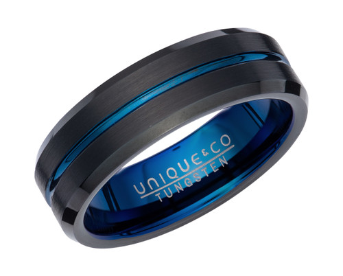 Unique and co, ring/band, tungsten carbide, blue and black IP Plating, 7mm wedding band - TUR-132-66 uk size W3/4