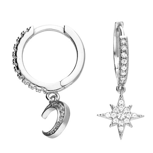 silver, silver hoops, huggie hoops, 11mm, hinged hoops, star and moon,  H3231/S