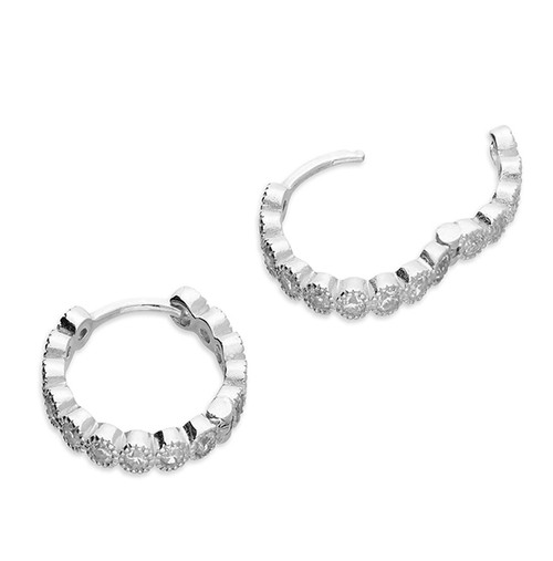 silver, silver hoops, huggie hoops, 13mm, hinged hoops, cubic zirconia, millgrain edge,  H3585/S