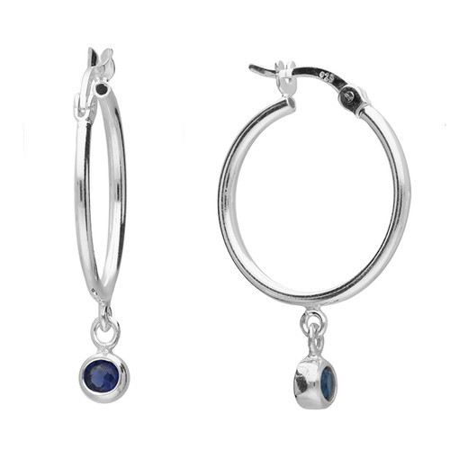 silver, silver hoops, blue stone drop, 15mm, hinged hoops, H4496/I