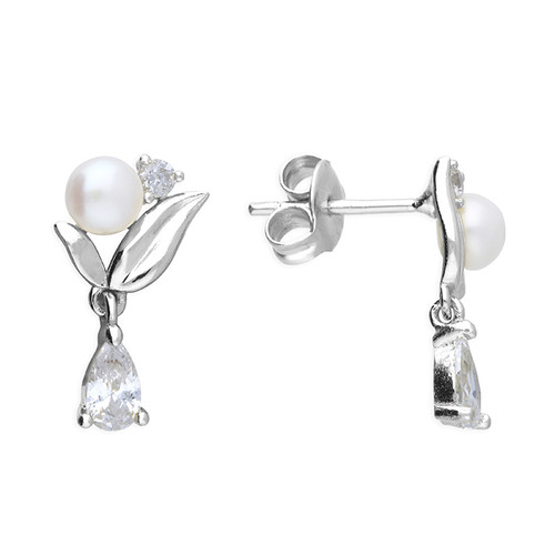 silver, post and butterfly, cubic zirconia, stud earrings,  earrings, H7114/S, everyday wear, freshwater pearl
