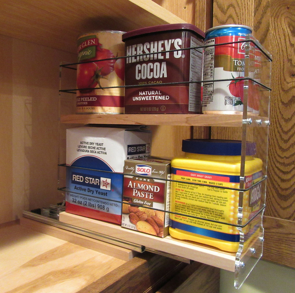 4x2x11 Spice Rack, Maple - Loaded Drawer Partially Out