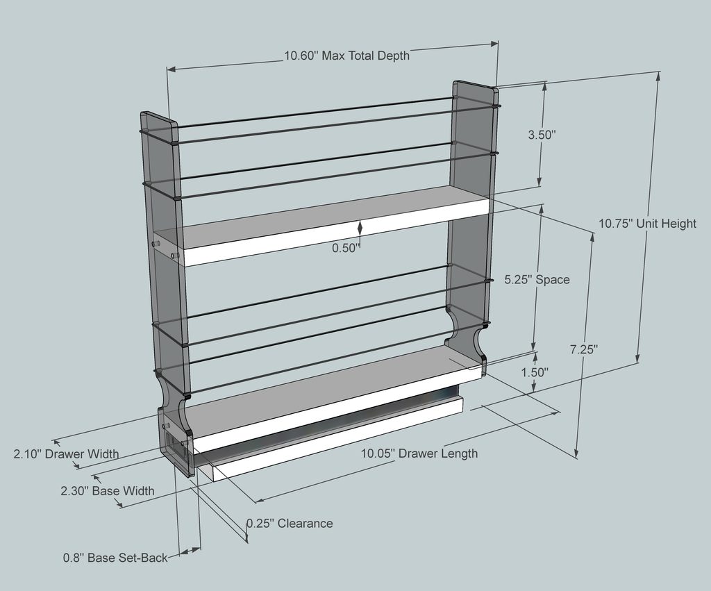 2x2x11 Spice Rack - Dimensioned