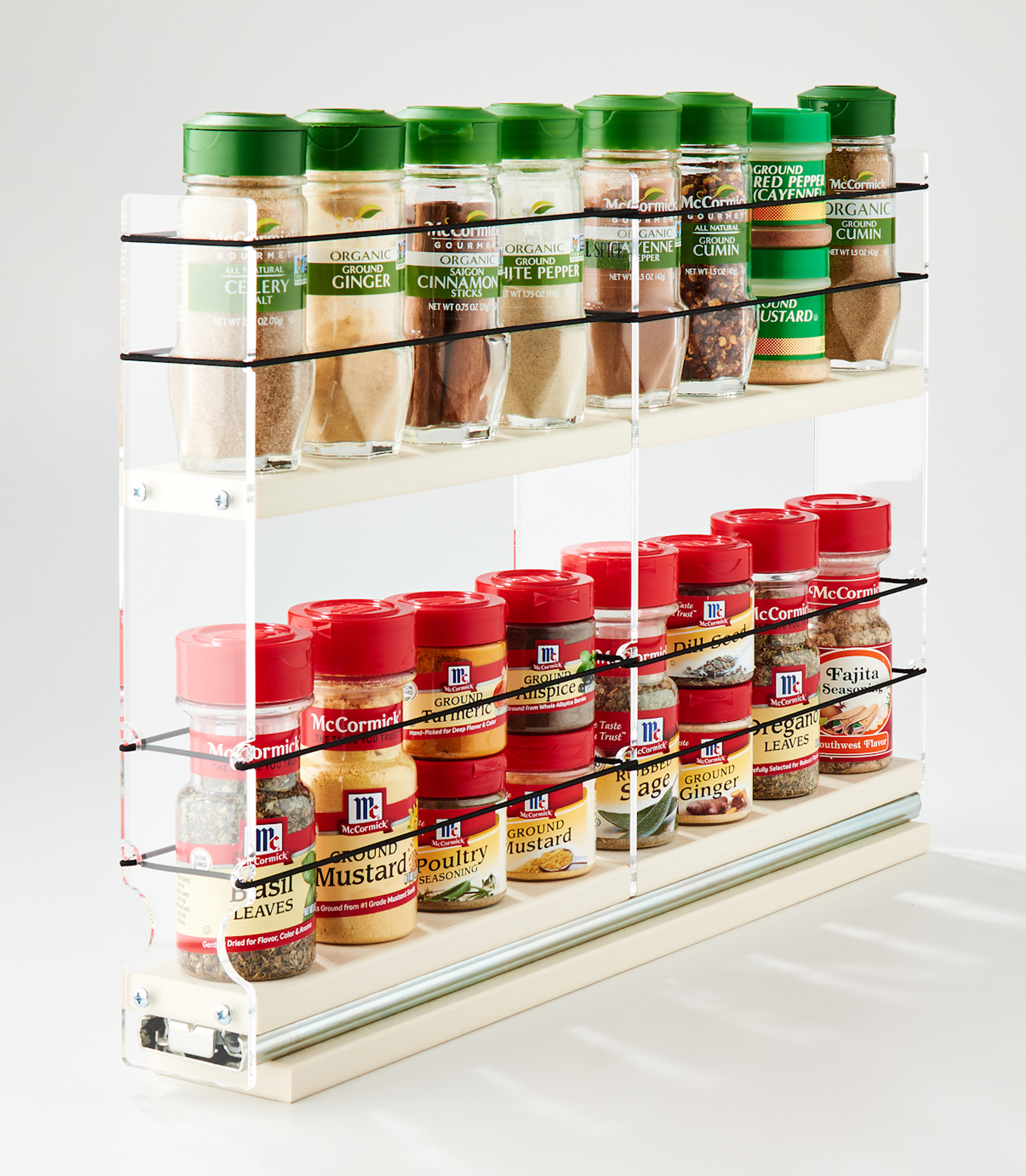 Vertical Spice 2x2x11 DCP Spice Rack Drawer 2 Tiers, Cream, 10 Jar Capacity with Flex-Sides, Sliding, Pullout, Partially Assembled