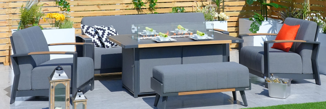 Aluminum Patio Gray Fire Pit Dining Set with Modern Gray Cushions