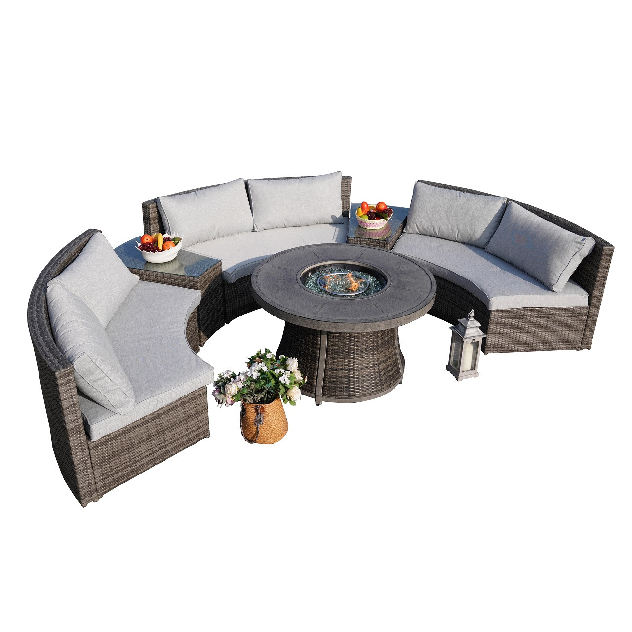 Sectional Patio Gray Wicker Seating Set with Round Firepit Table