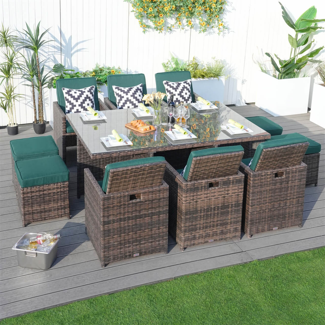 6 Seats Patio Dining Set Rectangular Dining Table with Chairs and Ottoman PAD 3234 SET