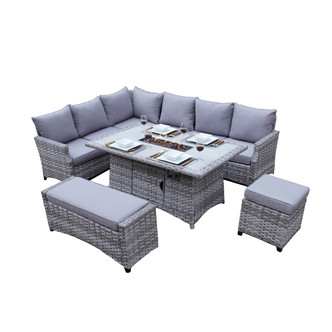 5-Piece Gray Rattan Patio Dining Sofa Set with Fire Pit Table