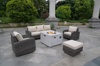 6-Piece Gray Wicker Patio Sectional Sofa Set with Firepit Table