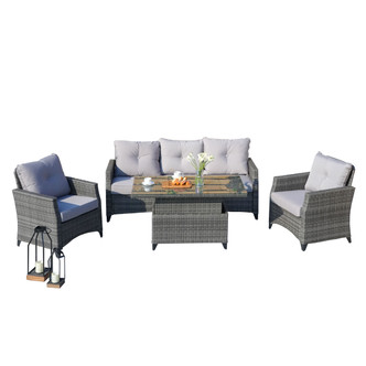 4-Piece Patio Wicker Seating Set with Lift Table and Cushion