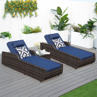 Outdoor Wicker Chaise Lounge with Armrest PAL-1127B with Brown Wicker and Blue Covers