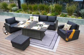 5-Piece Patio Black Wicker Seating Sofa Set with Firepit Table