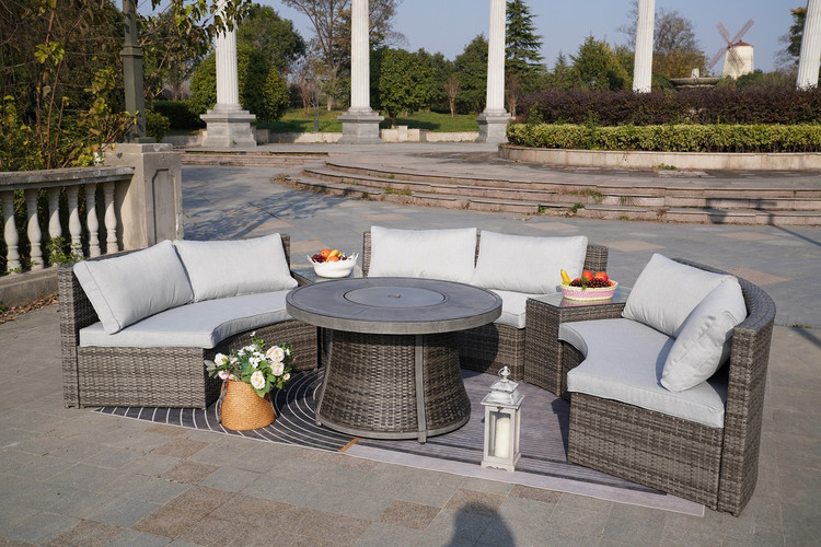 Sectional Patio Gray Wicker Seating Set with Round Firepit Table