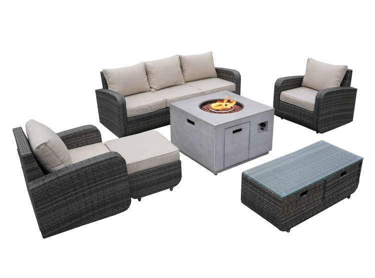 6-Piece Gray Wicker Patio Seating Sofa Set with Firepit Table