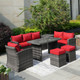 8 Seats Outdoor Conversation Set Patio Sofa Set gray wicker with red covers