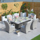 6 Seats Rectangular Patio Firepit Table with Semi-circular Rattan Chairs in Gray