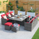Patio Dining Set with 10 Seats Aluminum Table in Gray with Red Cushion Covers