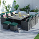 Patio Dining Set with 10 Seats Aluminum Table in Gray with Green Cushion Covers