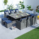 Patio Dining Set with 10 Seats Aluminum Table in Gray with Blue Cushion Covers