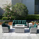 High Fire Pit Table in Gray with Green Cushion Covers