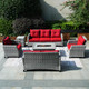 7 Seats Gray Patio Fire Pit Set with Red Cushion Covers and Short Fire Pit Table 