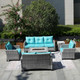 7 Seats Gray Patio Fire Pit Set with Cyan Cushion Covers and Short Fire Pit Table 