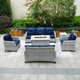 7 Seats Gray Patio Fire Pit Set with Blue Cushion Covers and High Fire Pit Table 
