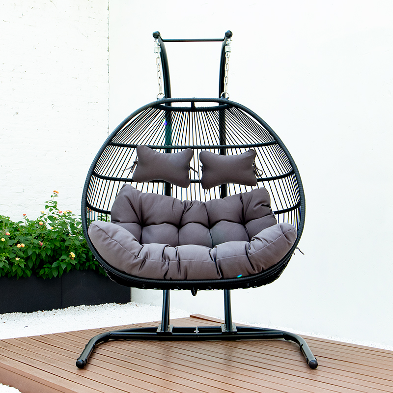 Black Steel Double Seat Patio Swing Chair with Anthracite Cushion