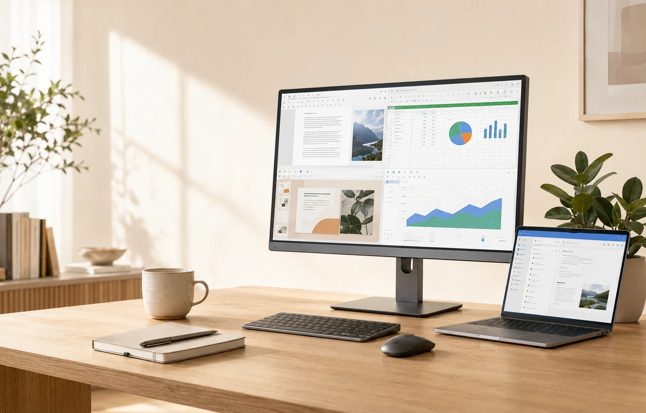 Desktop and laptop displaying productivity applications