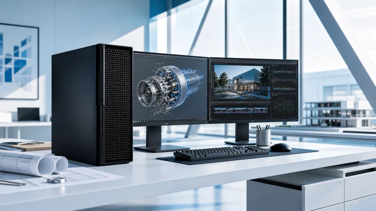 Professional engineering workstation with tower computer and dual displays