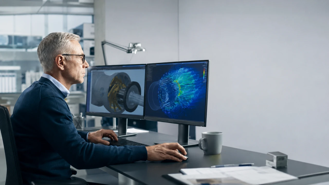 Engineering professional using dual-monitor workstation for simulation and 3D modelling