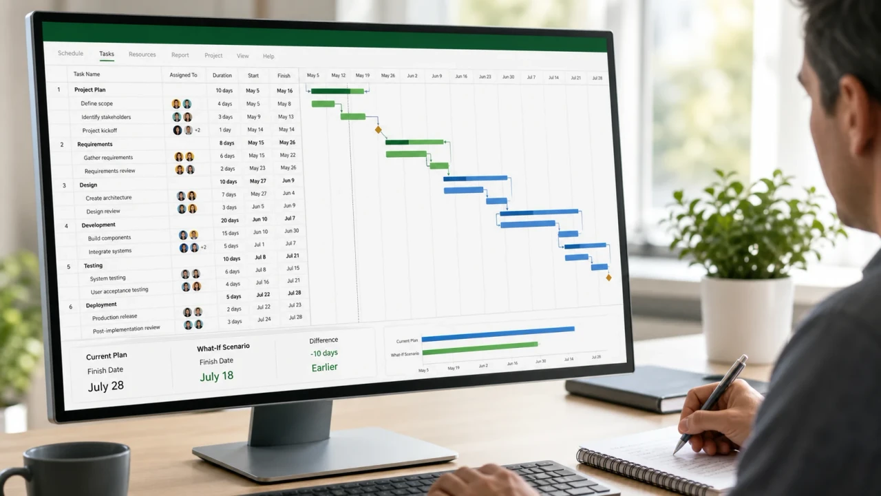 Desktop project schedule comparing task assignments and alternative finish dates